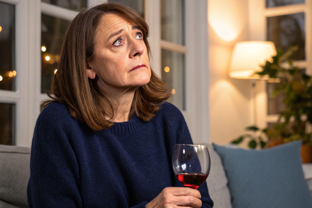 Professional woman in her 50s looking concerned while holding wine glass